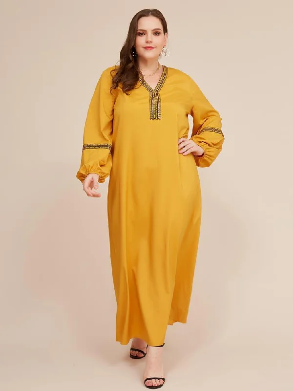 Embroidery V-neck Lantern Sleeve Loose Maxi Dress