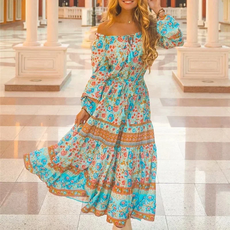 Blue Floral Off Shoulder Boho Maxi Dress