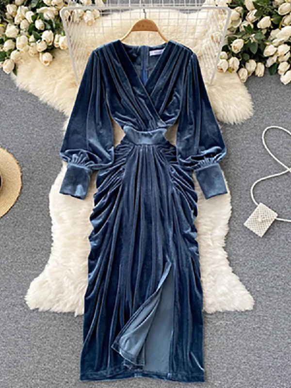 Blue V-Neck Lantern Sleeve High Waist Maxi Dress