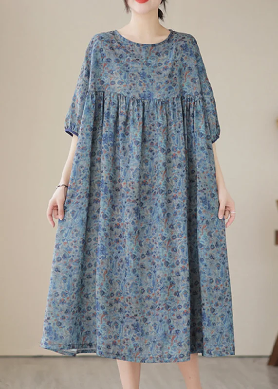 Boho Blue Grey Oversized Print Linen Maxi Dresses Summer Elegant Maxi Dress with Drapes