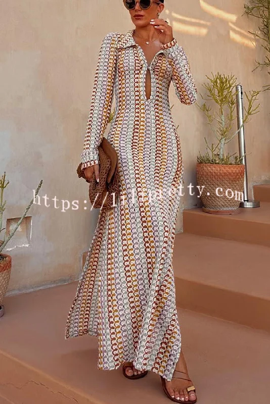 Lilipretty® Bondi Beach Knit Colorful Wave Print Long Sleeve Vacation Maxi Dress