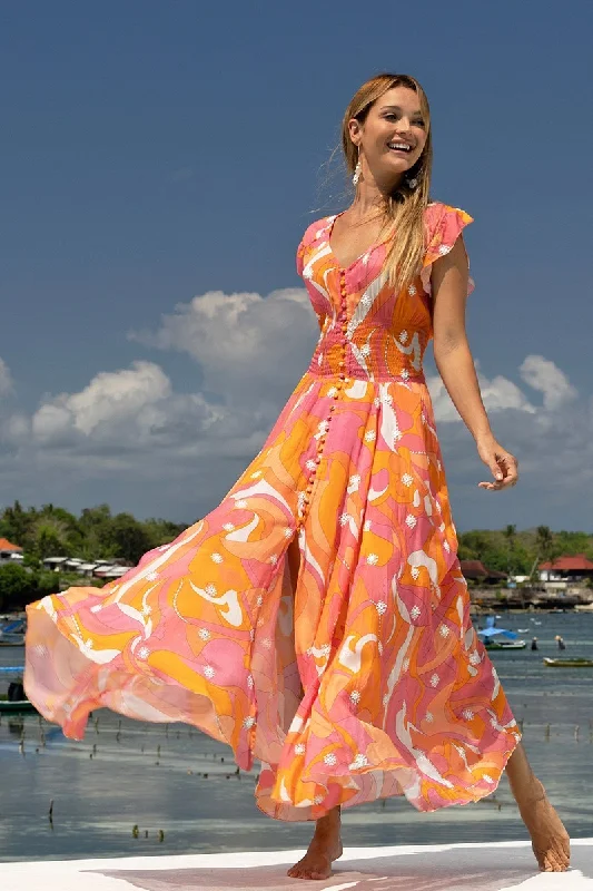 Button Maxi Dress in Pink/Orange