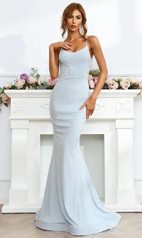 Care To Be Light Blue Sleeveless Spaghetti Strap Sweetheart Neckline Cross Tie Lace Up Back Bodycon Mermaid Maxi Dress Gown Fashionable Sleeveless Maxi Dress