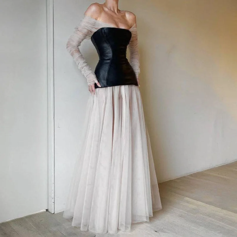 Carey Off Shoulder Long Sleeve Corset Tulle Maxi Dress Cozy Open-Back Maxi Dress