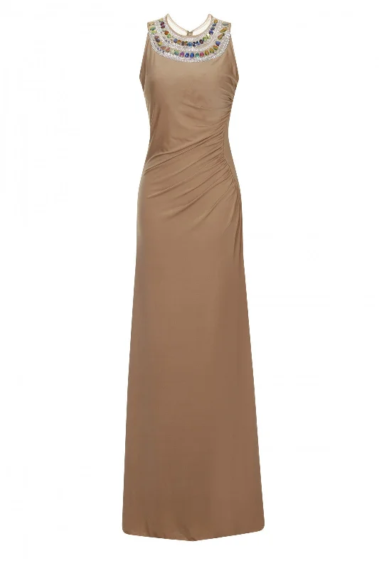 Carmen Nude Jewel Mermaid Fishtail Maxi Dress Fashionable High-Low Maxi Dress