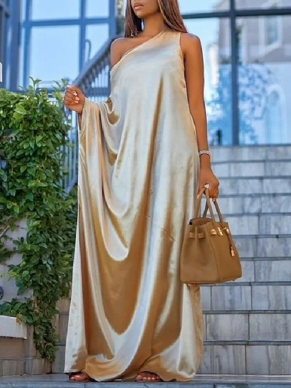 Zjkrl - Casual Loose Asymmetric Solid Color One-Shoulder Maxi Dresses