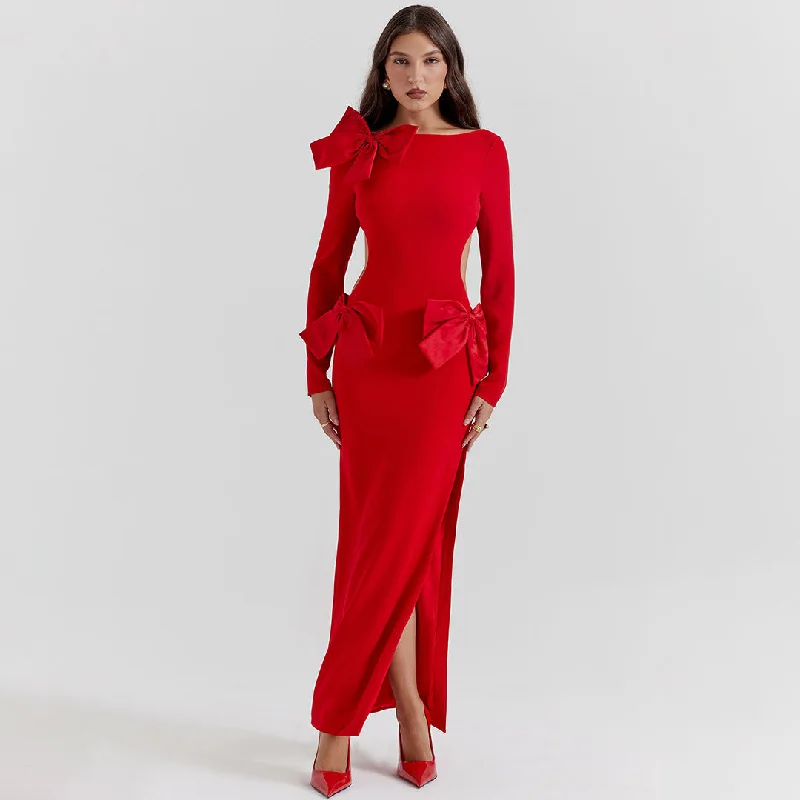 Celebrity Bow Crew Neck Long Sleeve Cutout Evening Maxi Dress - Red Elegant Silk Maxi Dress