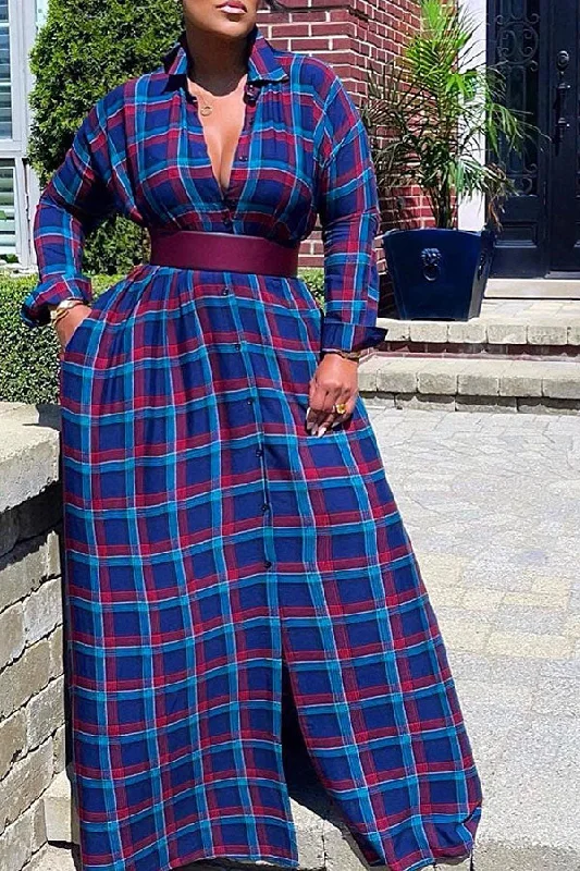 Checked Classic Single Breasted Maxi Dress Cozy Ruffle Sleeve Maxi Dress