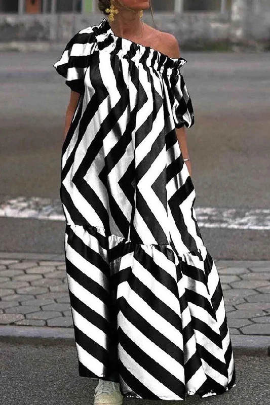 Color Block Zig Zag Urban Ruffle Hem Maxi Dress Comfortable Satin Maxi Dress