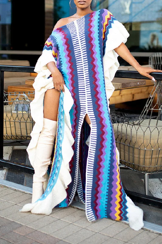 Colorful Zig Zag Ruffle High Split Knitted Maxi Dress Trendy A-Line Maxi Dress
