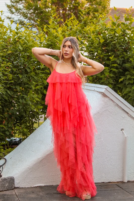 Coral Mesh Ruffle Maxi Dress Fashionable Chiffon Maxi Dress