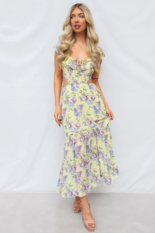 Cornell Maxi Dress - Yellow Floral Stylish One-Shoulder Maxi Dress