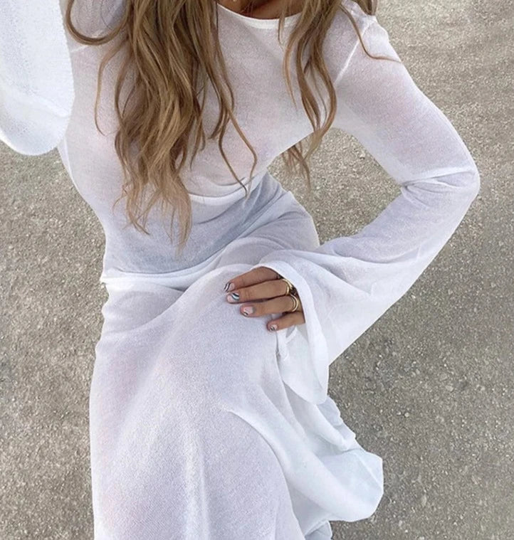 Elegant White Knit Long Sleeve Beach Dress Holiday Sexy Open Back Club See Through Summer Party Maxi Dresses Robe Trendy Printed Maxi Dress Elegant White Knit Long Sleeve Beach Dress Holiday Sexy Open Back Club See Through Summer Party Maxi Dresses Robe Trendy Printed Maxi Dress