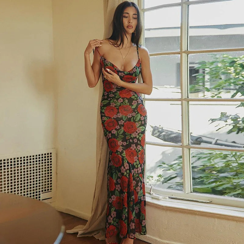 Floral Print Sexy Draped Slip Maxi Dress Elegant See Through Outfits Women Sleeveless Dresses Party Club Vestido Stylish Pleated A-Line Maxi Dress