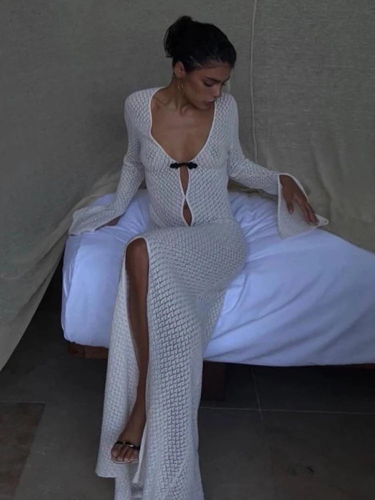 Summer Beach Holiday Knitted Maxi Dress Outfits for Women Party Club Long Sleeve See Through Dresses Hollow Out Elegant Lace-Up Maxi Dress Summer Beach Holiday Knitted Maxi Dress Outfits for Women Party Club Long Sleeve See Through Dresses Hollow Out Elegant Lace-Up Maxi Dress