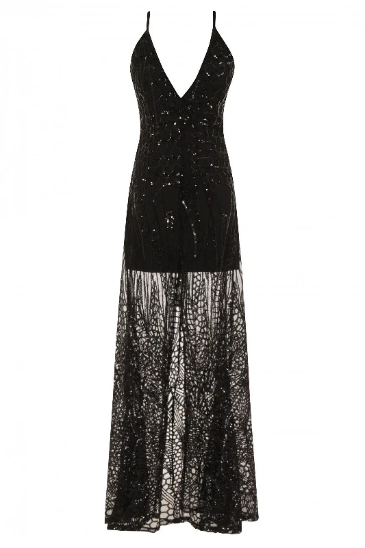 Daphne Black Sheer Luxe Sequin Slit Maxi Dress Comfortable Pleated Maxi Dress