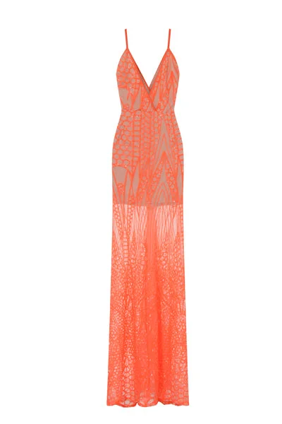Daphne Coral Sheer Luxe Sequin Slit Maxi Dress Classic A-Line Maxi Dress