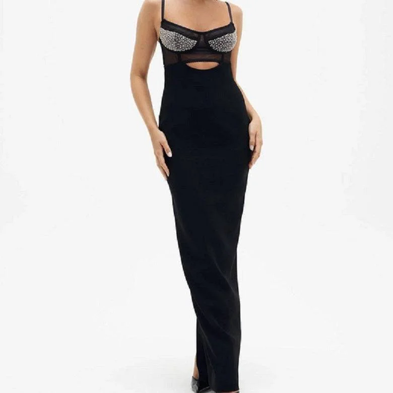 Davina Sleeveless Spaghetti Strap Beaded Maxi Dress Elegant Maxi Dress with Slit