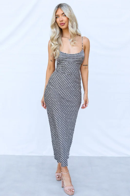 Denver Maxi Dress - Black/Beige Print Stylish Off-Shoulder Maxi Dress