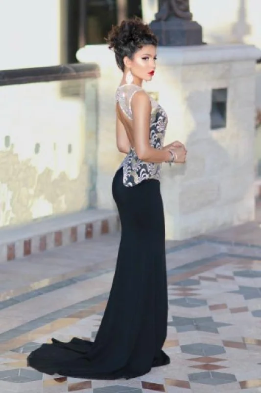 Divinity Sparkle Black Slinky Backless Fishtail Maxi Dress Elegant Maxi Dress with Lace