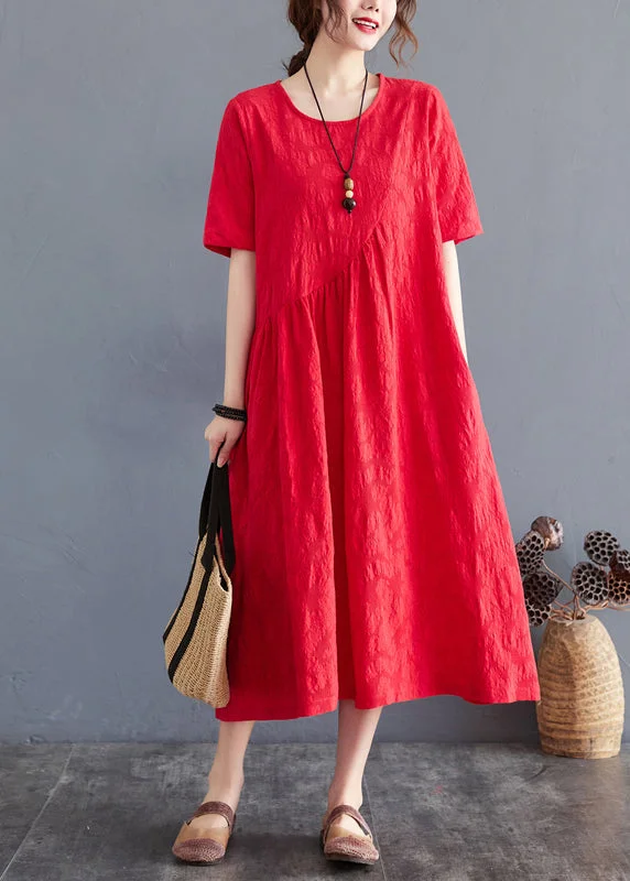 Elegant Red Oversized Jacquard Cotton Maxi Dress Summer Stylish Button-Up Maxi Dress