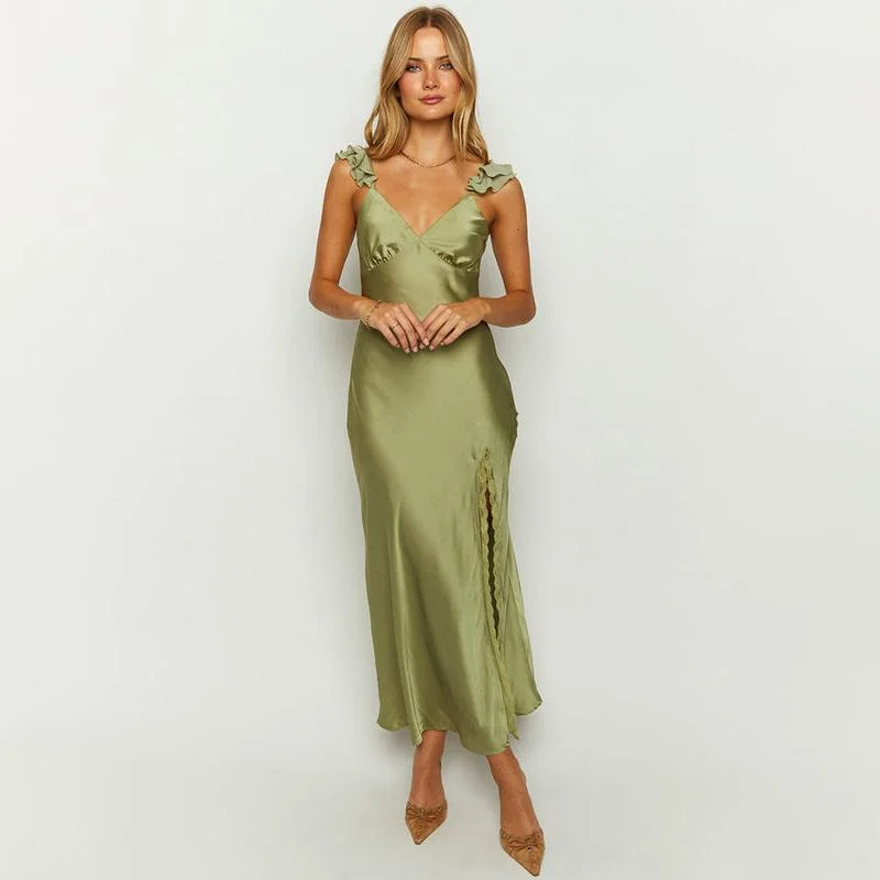 Elegant V-Neck Sleeveless Ruffle Maxi Dress with Backless Design