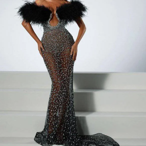 Ellen Off The Shoulder Feather Sequined Maxi Dress Fashionable Open-Back Maxi Dress