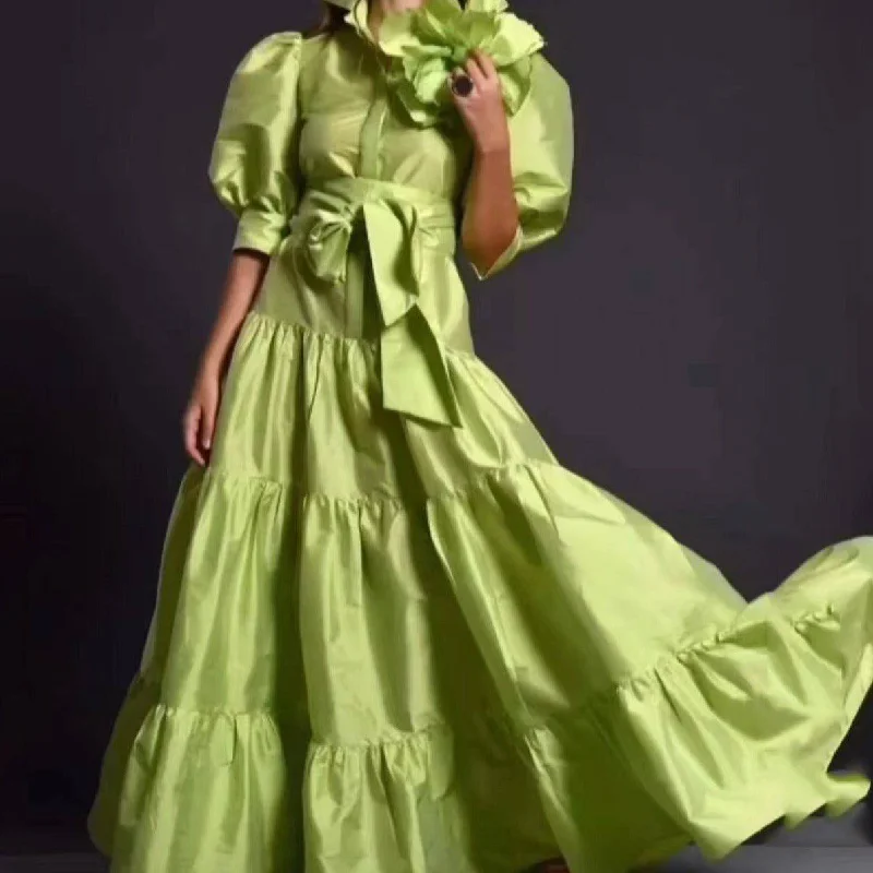 Emma Puff Sleeve Collared Tiered Ruffle Maxi Dress Comfortable Plunging Neckline Maxi Dress