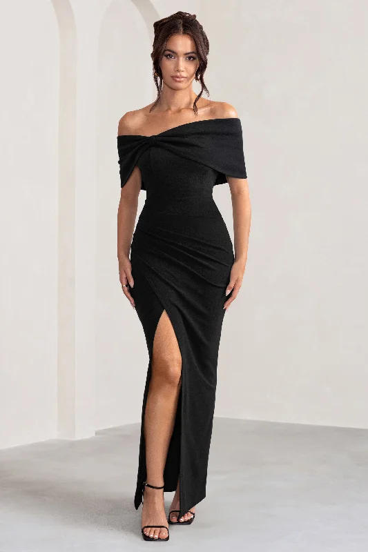 Eva | Black Bardot Bow Detail Maxi Dress With Thigh Split