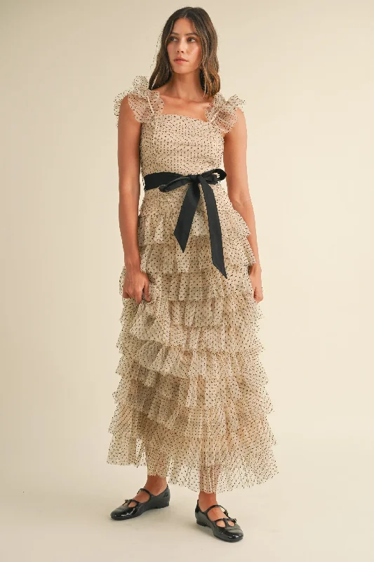 Evermore Polkadots Tiered Maxi Dress Elegant Maxi Dress with Belt