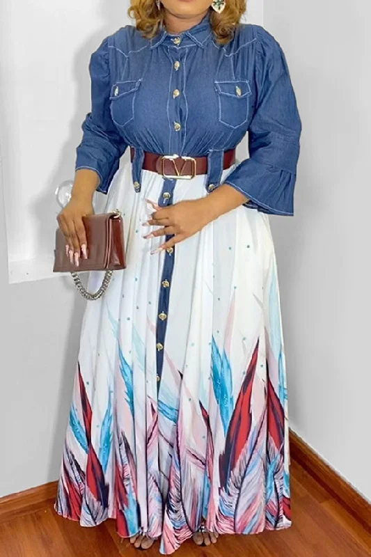 Feather Print Stylish Denim Patchwork Single Breasted Maxi Dress Casual Maxi Dress with Pockets Feather Print Stylish Denim Patchwork Single Breasted Maxi Dress Casual Maxi Dress with Pockets