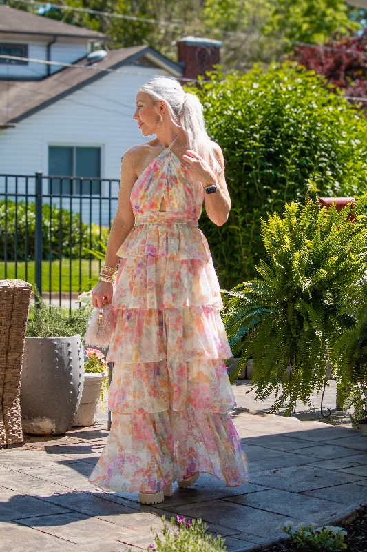 Floral Halter Neck Ruffle Maxi Dress Fashionable Button-Down Maxi Dress