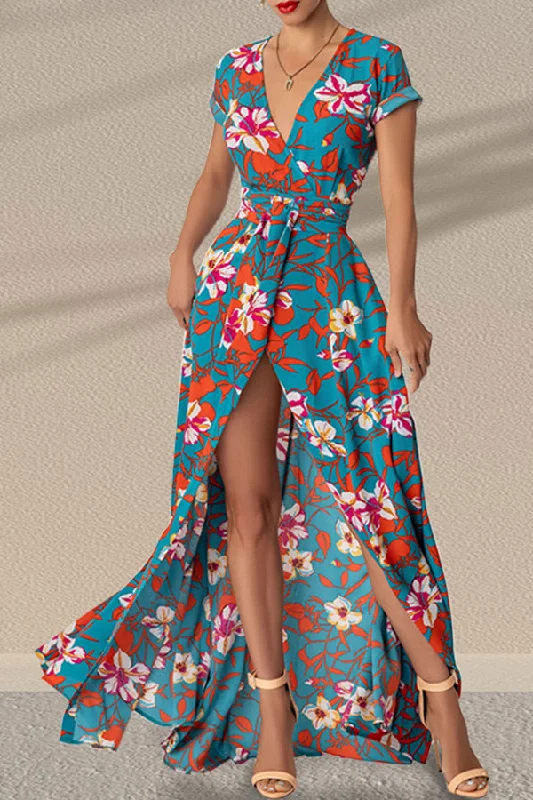 Floral Print Elegant Belted High Split Maxi Dress Elegant Pleated Maxi Dress