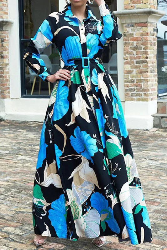 Floral Print Pretty Belted Single Breasted Maxi Dress Chic Off-Shoulder Maxi Dress