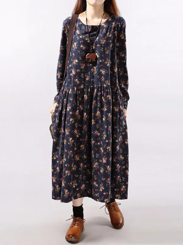 Floral Printed Pleated Long Sleeve Women Maxi Dress