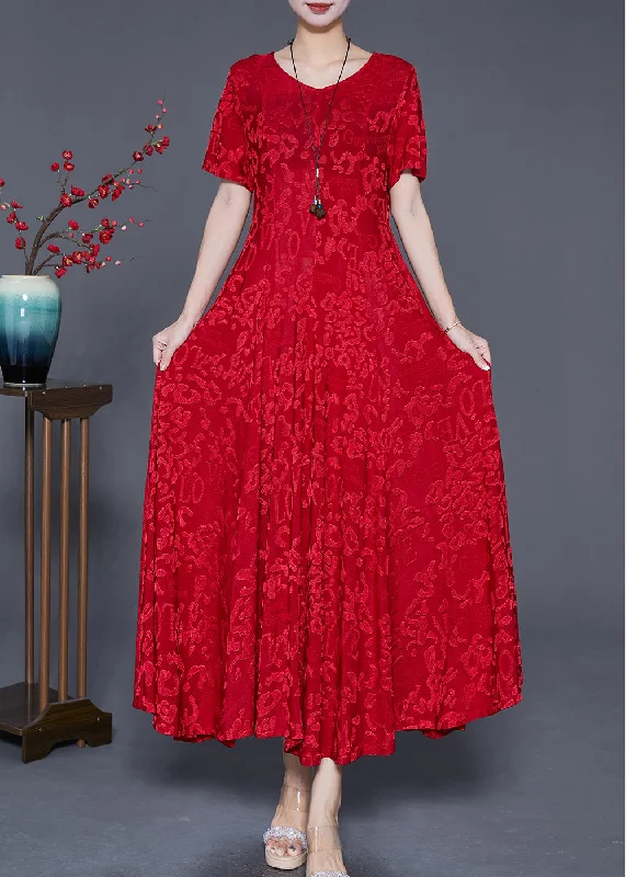 French Red Jacquard Exra Large Hem Silk Maxi Dresses Summer Chic Boho Print Maxi Dress