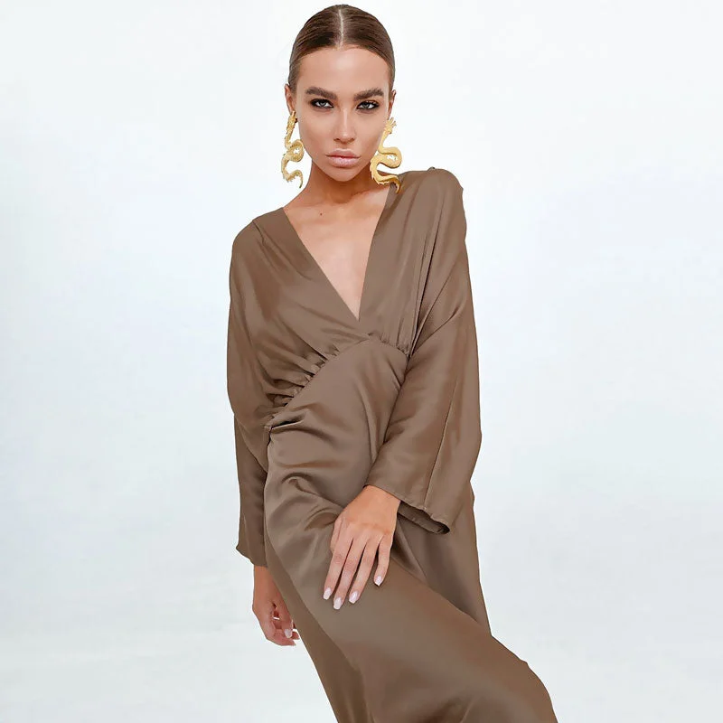 French Style Ruched Deep V Batwing Sleeve Split Cocktail Maxi Dress - Brown Elegant Lace-Up Maxi Dress