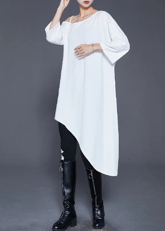 French White Asymmetrical One-Shoulder Cotton Maxi Dress Summer Trendy A-Line Maxi Dress