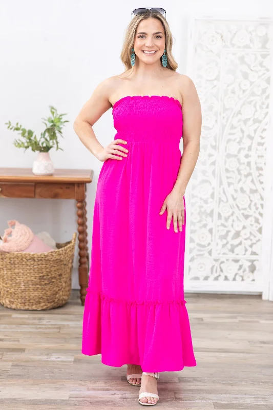 Fuchsia Strapless Boho Maxi Dress