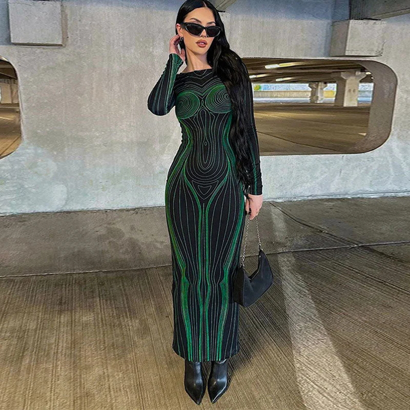 Futuristic Body Print Cut Out Long Sleeve Party Maxi Dress - Green Elegant Boho Maxi Dress