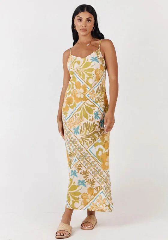 Celestial Maxi Dress- Paradise Print Stylish Pleated A-Line Maxi Dress