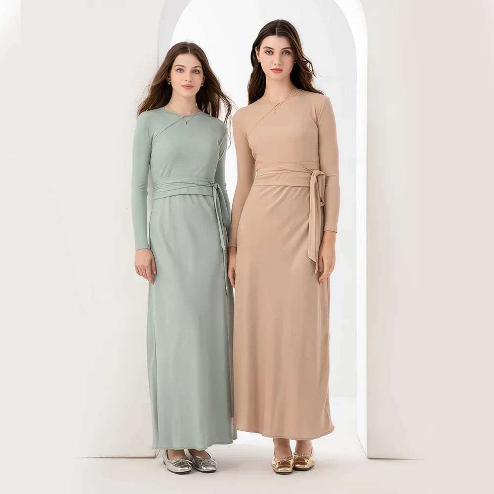 High Stretch Ribbing Wrap Top & Matte Satin Maxi Dress Set