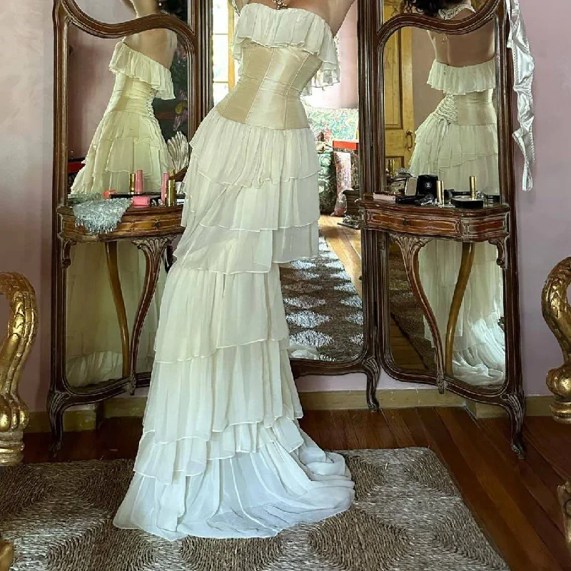 Juliet Strapless Corset Layered Ruffle Maxi Dress Stylish V-Neck Maxi Dress