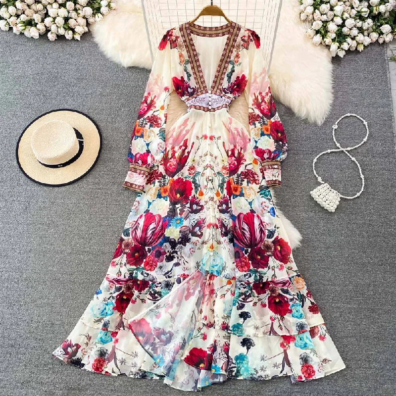 Kathy Long Sleeve Deep V-Neck Chiffon Floral Maxi Dress Classic Black Maxi Dress