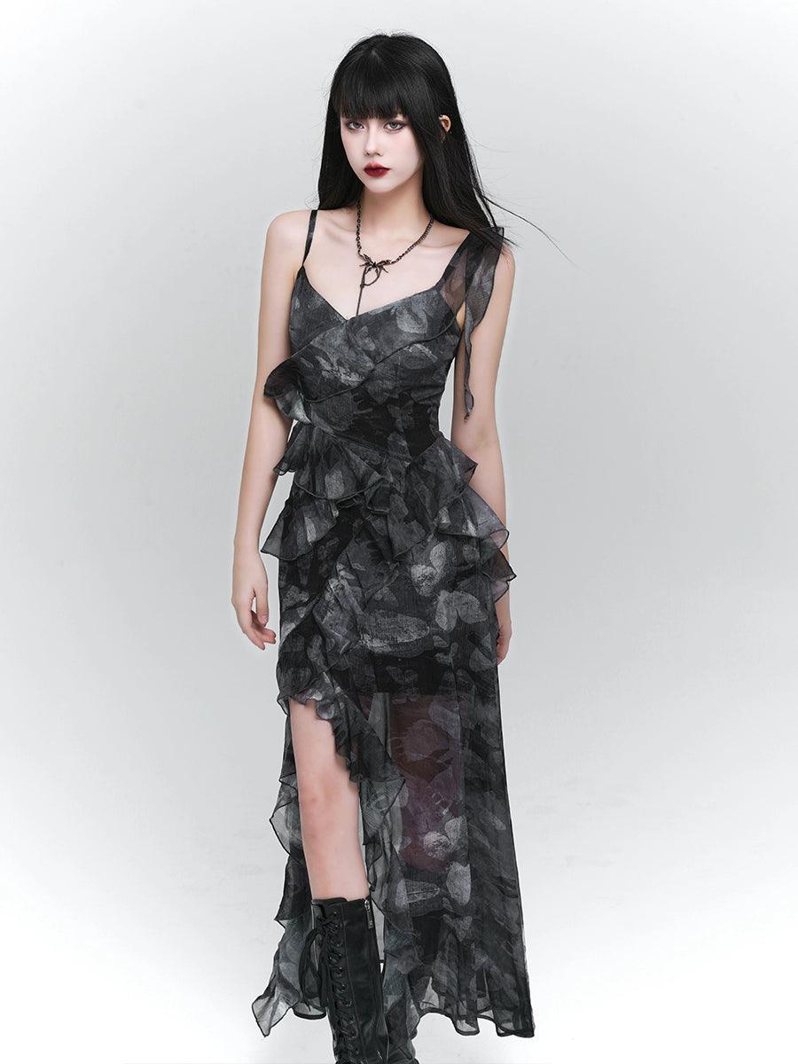 Ladyghost Dark Glamour Asymmetrical Maxi Dress - Women'S Sheer Floral Print Ruffle Dress With High Slit Comfortable Bohemian Maxi Dress