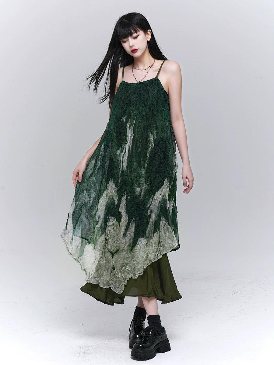 Ladyghost Forest Sprite Layered Maxi Dress - Women'S Green Ombre Tie-Dye Slip Dress With Asymmetrical Hem Stylish Longline Maxi Dress