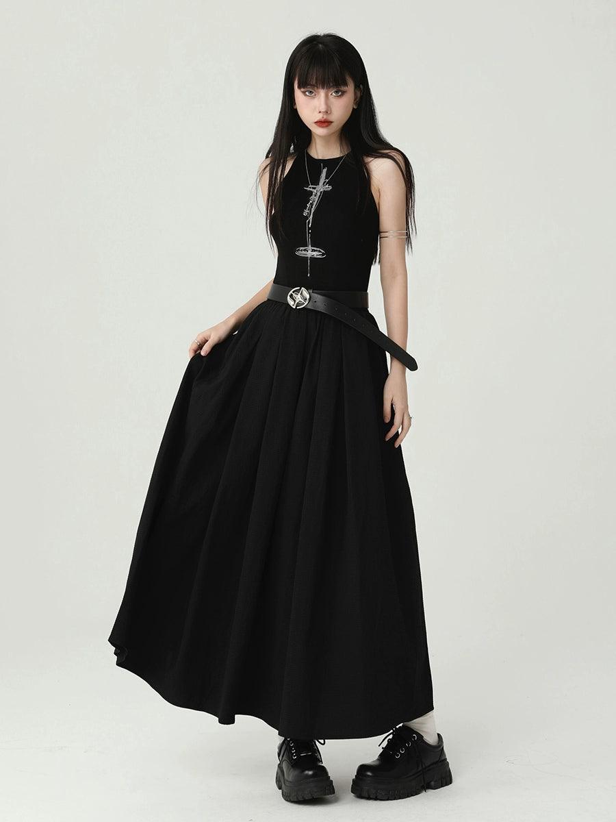 Ladyghost Gothic Sleeveless Maxi Dress - Women'S Black A-Line Gown With Cross Pendant And Pentagram Belt Comfortable Ruffle Hem Maxi Dress