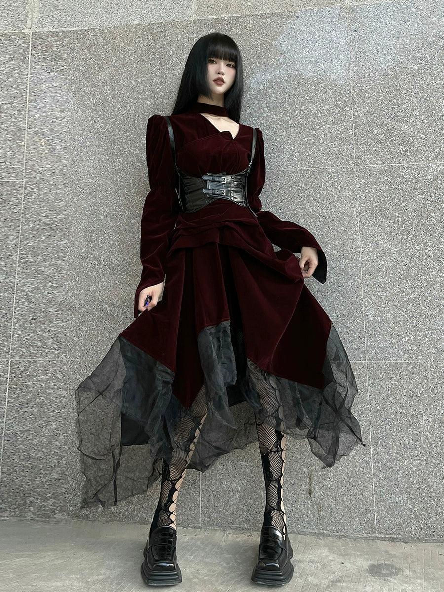 Ladyghost Gothic Victorian Maxi Dress - Women'S Burgundy Velvet And Black Mesh Layered Gown With Corset Belt Fashionable Printed Maxi Dress