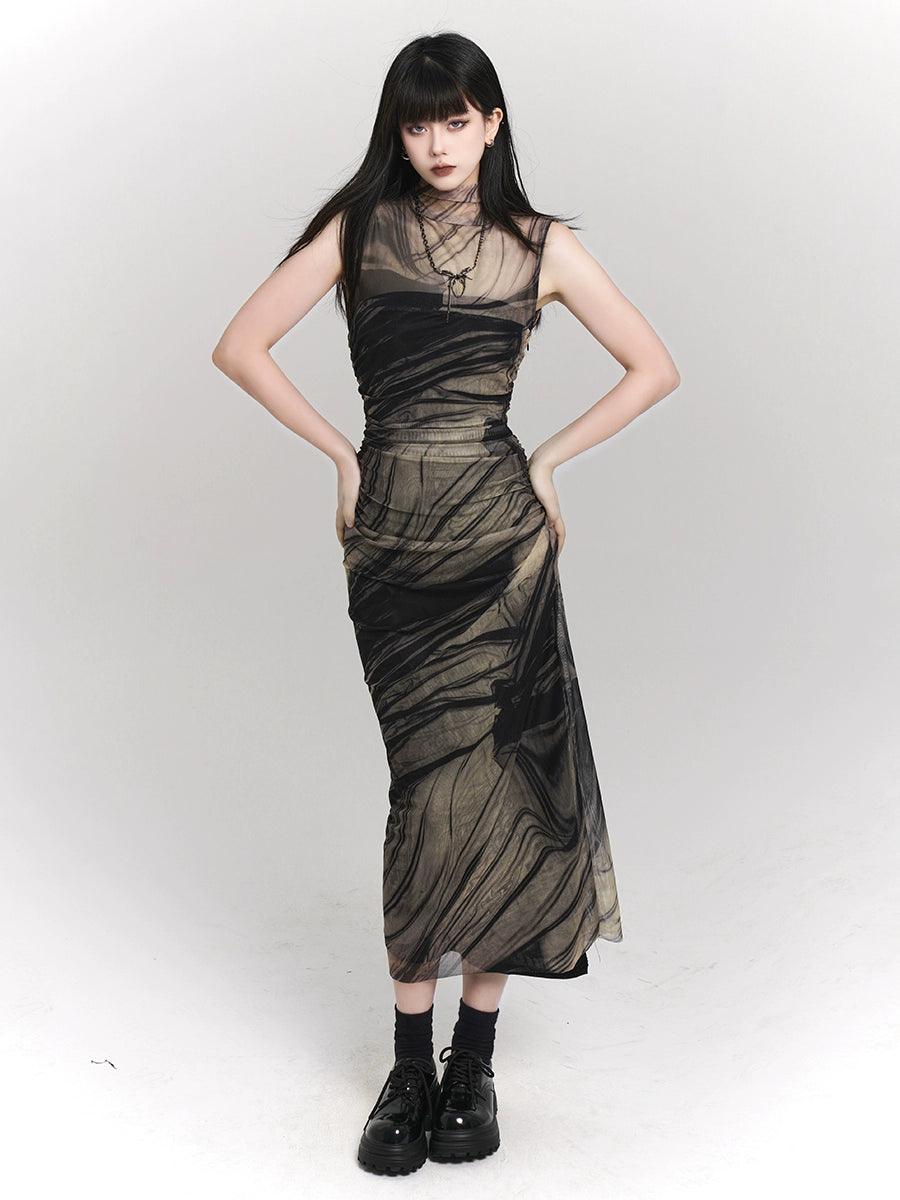 Ladyghost Smoke And Shadows Bodycon Maxi Dress - Women'S Sheer Mesh Layered Abstract Print Dress Cozy Wrap Maxi Dress