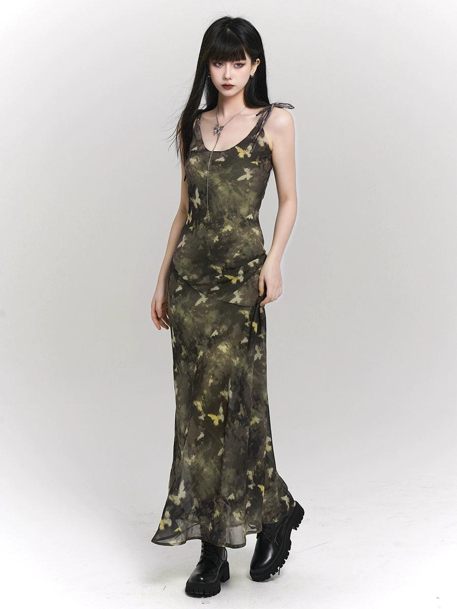 Ladyghost Woodland Whisper Maxi Dress - Women'S Camo-Inspired Butterfly Print Slip Dress Classic Solid Maxi Dress